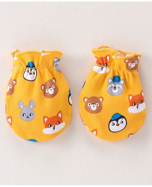 Babyhug 100% Cotton Knit Cap Mittens & Booties Set with Animal Print - Yellow