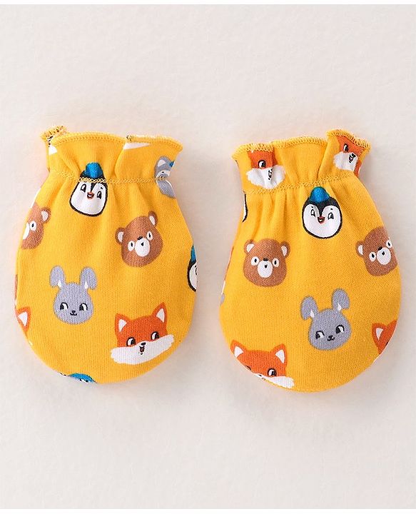 Babyhug 100% Cotton Knit Cap Mittens & Booties Set with Animal Print - Yellow