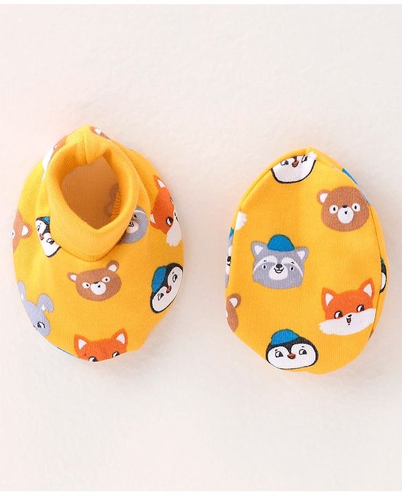 Babyhug 100% Cotton Knit Cap Mittens & Booties Set with Animal Print - Yellow