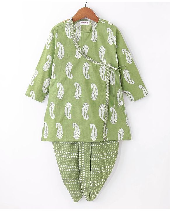 Babyhug Cotton Woven Solid Angarakha Full Sleeves Kurta Embroidered with Dhoti Set - Green