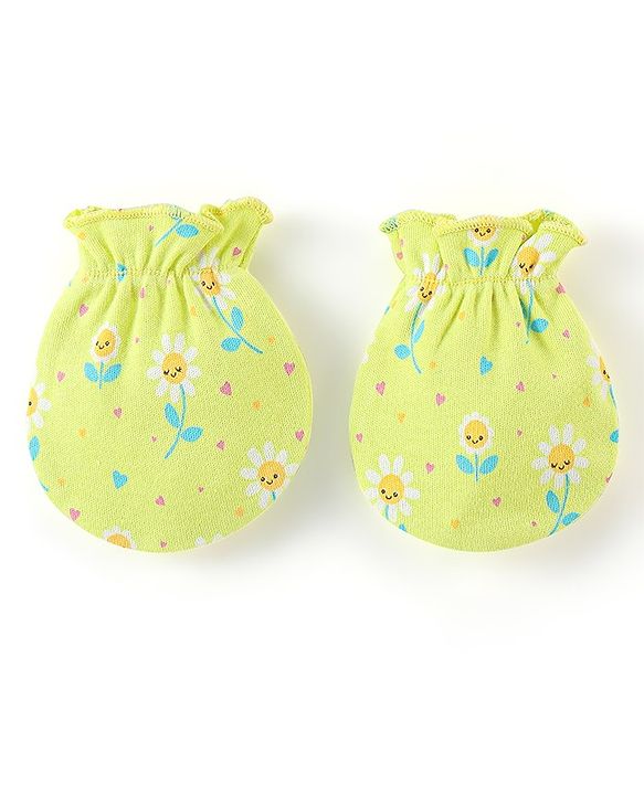 Babyhug 100% Cotton Knit Floral Print Mittens & Booties - Green