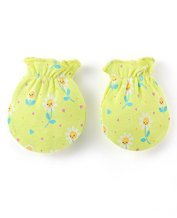 Babyhug 100% Cotton Knit Floral Print Mittens & Booties - Green