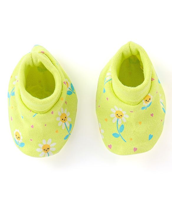 Babyhug 100% Cotton Knit Floral Print Mittens & Booties - Green