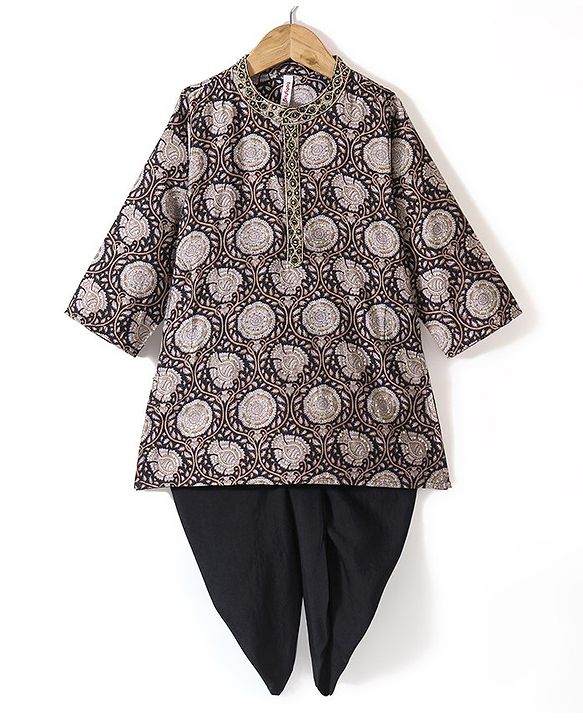 Babyhug 100% Cambric Full Sleeve Printed Kurta With Solid Dhoti Set - Black