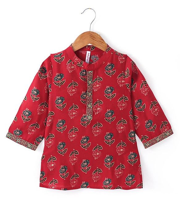 Babyhug Cotton Woven Full Sleeves  Printed Kurta & Dhoti Set - Red