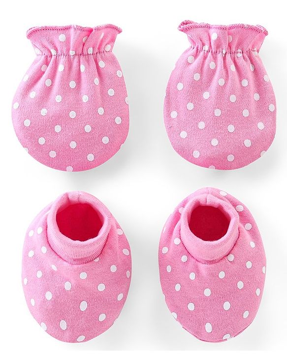 Babyhug 100% Cotton Knit Mittens and Booties Polka Dot Print - Pink
