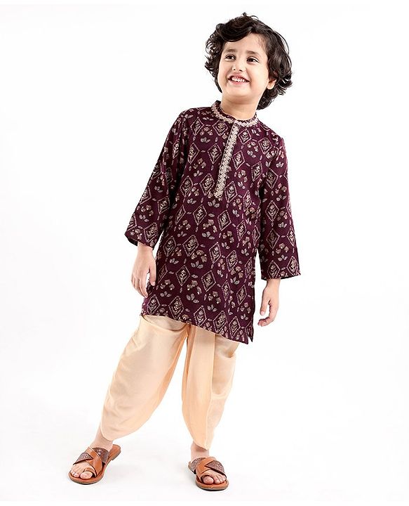 Babyhug Cotton Full Sleeves Printed  Kurta with Dhoti Set - Magneta