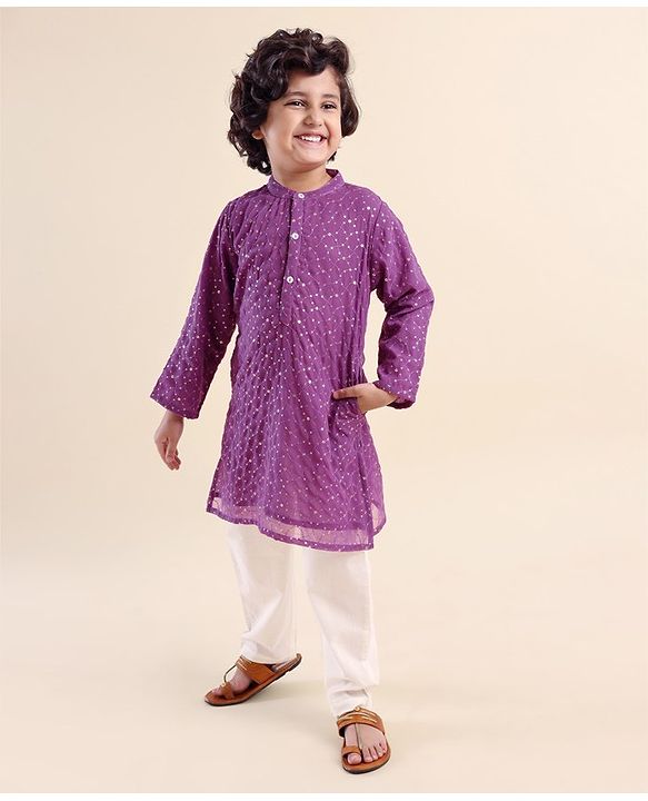 Babyhug Sequenced Full Sleeves Embroidered Kurta Pyjama Set - Purple