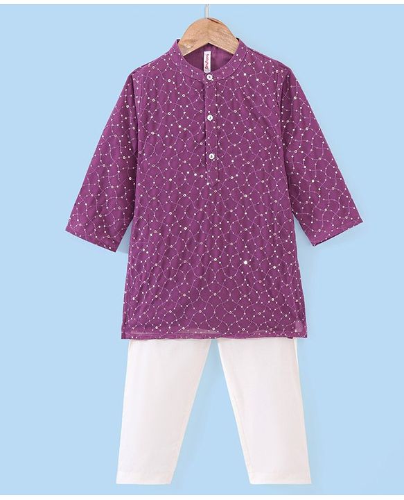 Babyhug Sequenced Full Sleeves Embroidered Kurta Pyjama Set - Purple