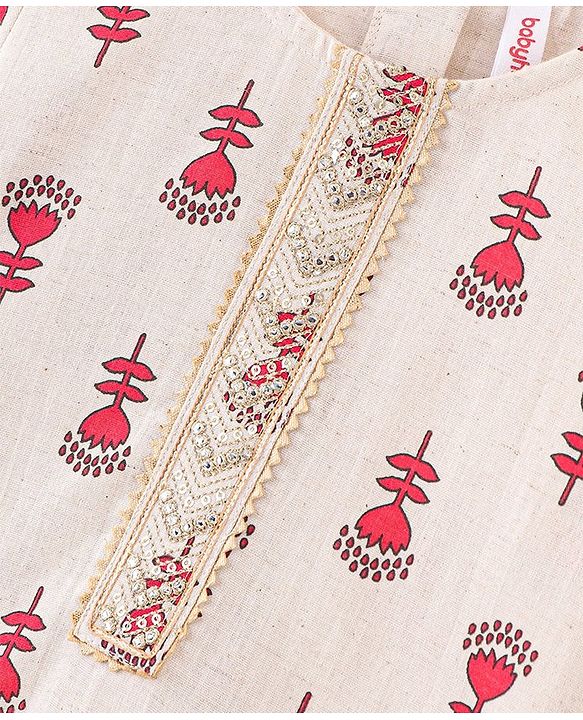 Babyhug 100% Cotton Three Fourth Sleeves Kurti Ghagra And Dupatta With Floral Print - Off White