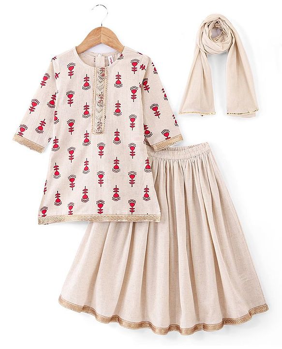 Babyhug 100% Cotton Three Fourth Sleeves Kurti Ghagra And Dupatta With Floral Print - Off White