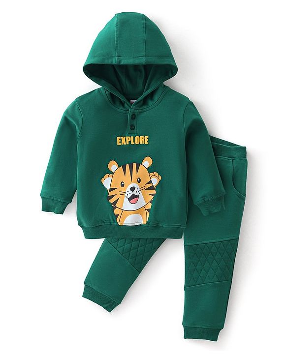 Babyhug Cotton Knit Full Sleeves Hooded T-Shirt & Lounge Pant Set with Tiger Print - Green