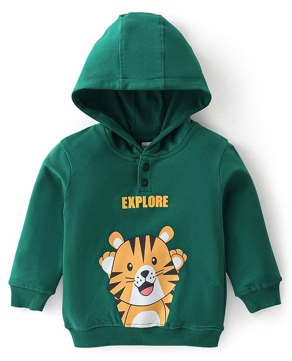Babyhug Cotton Knit Full Sleeves Hooded T-Shirt & Lounge Pant Set with Tiger Print - Green