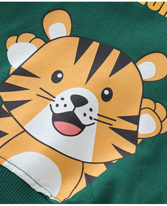 Babyhug Cotton Knit Full Sleeves Hooded T-Shirt & Lounge Pant Set with Tiger Print - Green