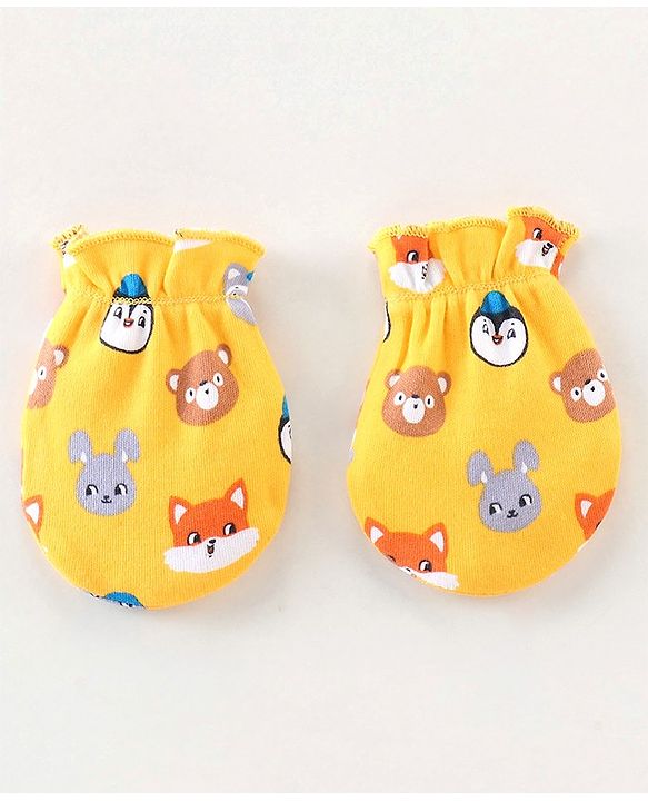 Babyhug 100% Cotton Knit Mittens & Booties Animal Print - Yellow