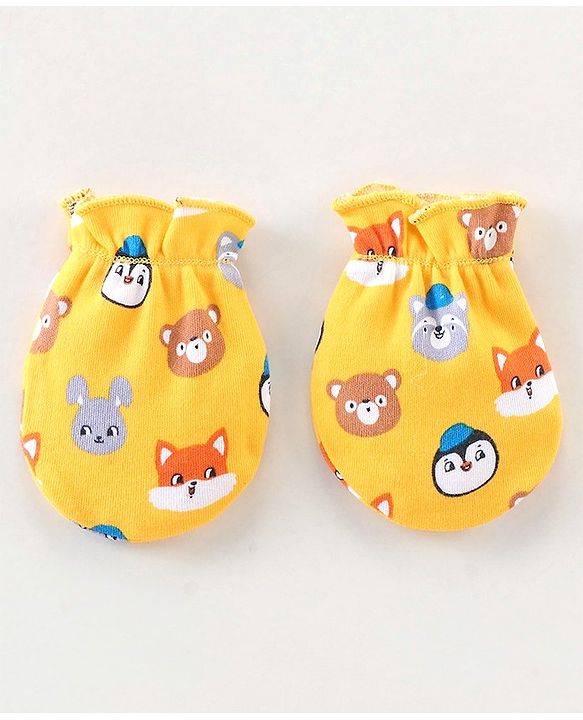 Babyhug 100% Cotton Knit Mittens & Booties Animal Print - Yellow
