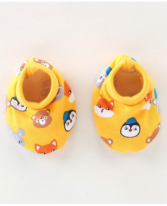 Babyhug 100% Cotton Knit Mittens & Booties Animal Print - Yellow
