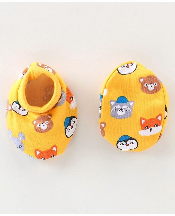 Babyhug 100% Cotton Knit Mittens & Booties Animal Print - Yellow