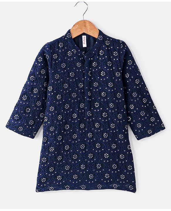 Babyhug Sequenced Embroidered Kurta With Solid Dhoti Set -Navy
