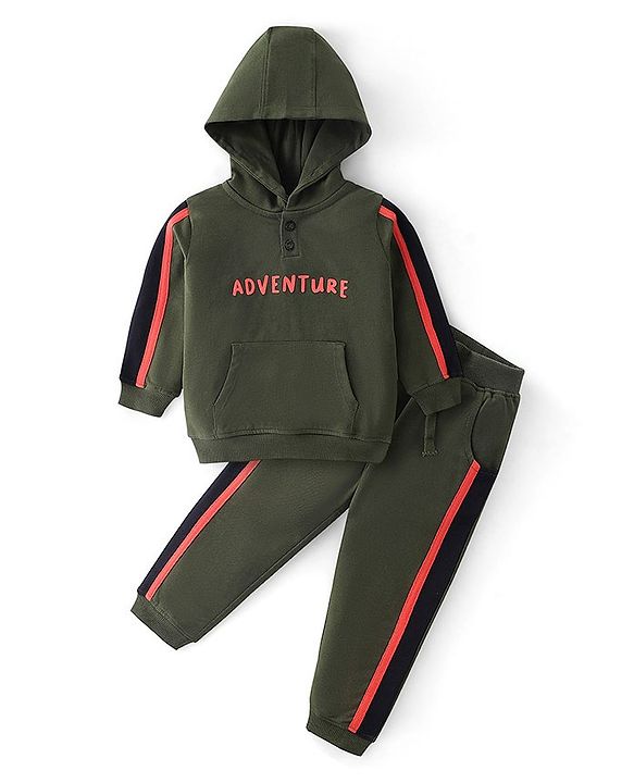 Babyhug Cotton Knit Full Sleeves Hoodie & Lounge Pant Set Text Print - Blue Orange & Green