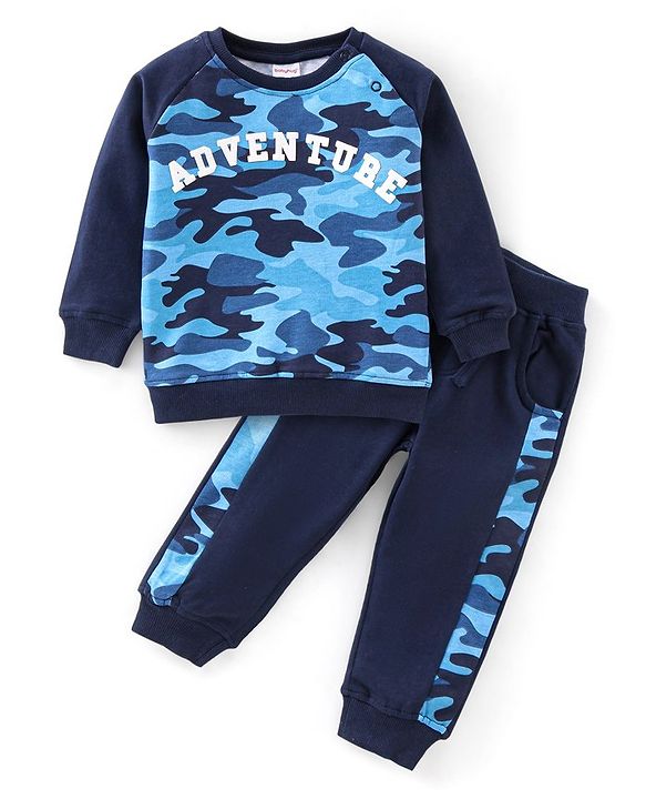 Babyhug 100% Cotton Knit Full Sleeves T-Shirt and Lounge Pant Camouflage Print - Blue