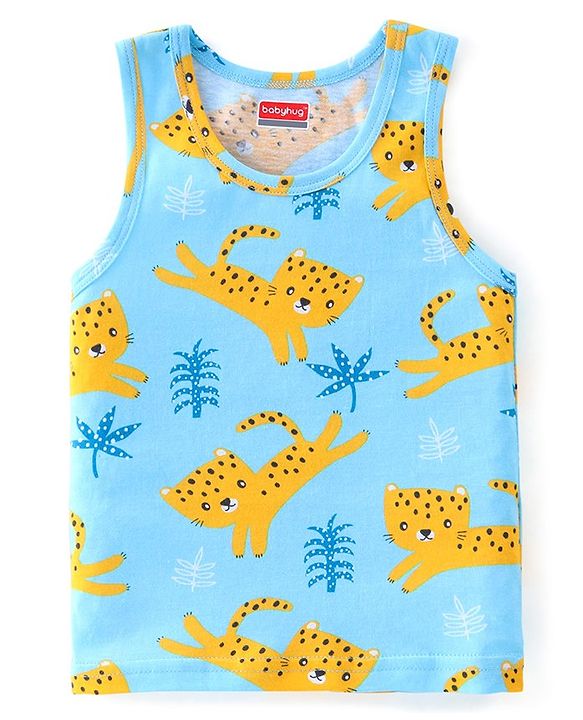 Babyhug 100% Cotton Sando With Leopard Print & Striped Pack Of 3 - Blue & Yellow