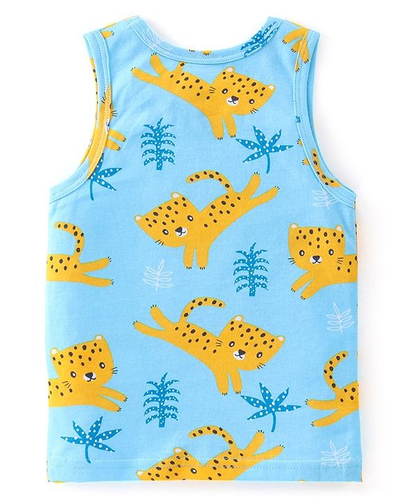 Babyhug 100% Cotton Sando With Leopard Print & Striped Pack Of 3 - Blue & Yellow