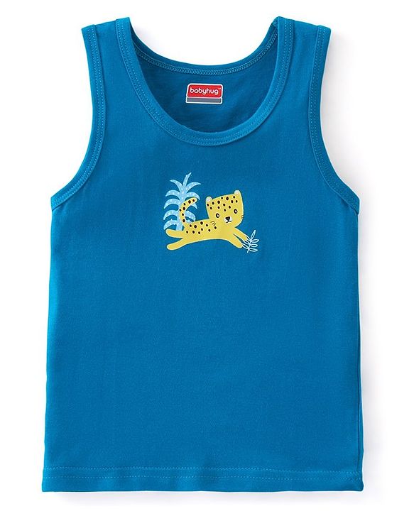 Babyhug 100% Cotton Sando With Leopard Print & Striped Pack Of 3 - Blue & Yellow