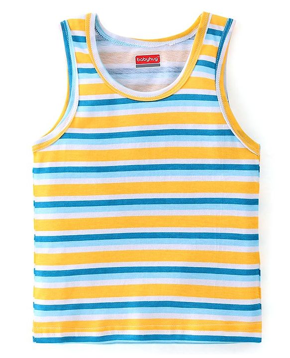 Babyhug 100% Cotton Sando With Leopard Print & Striped Pack Of 3 - Blue & Yellow
