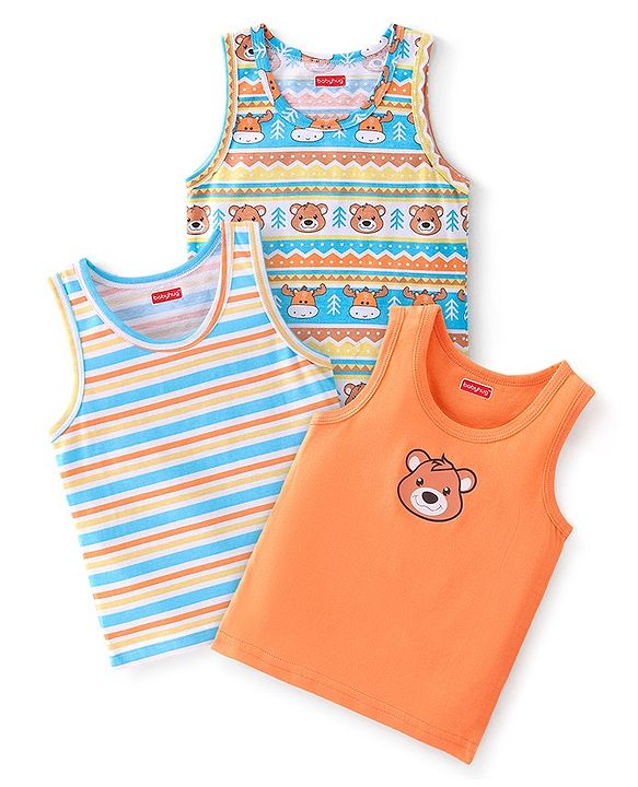Babyhug 100 % Cotton Sando Teddy Print Pack of 3 - Blue & Orange