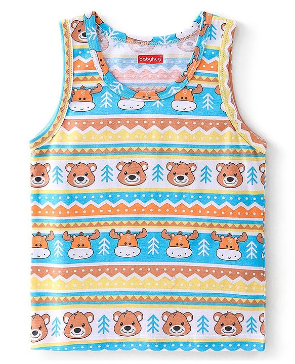 Babyhug 100 % Cotton Sando Teddy Print Pack of 3 - Blue & Orange