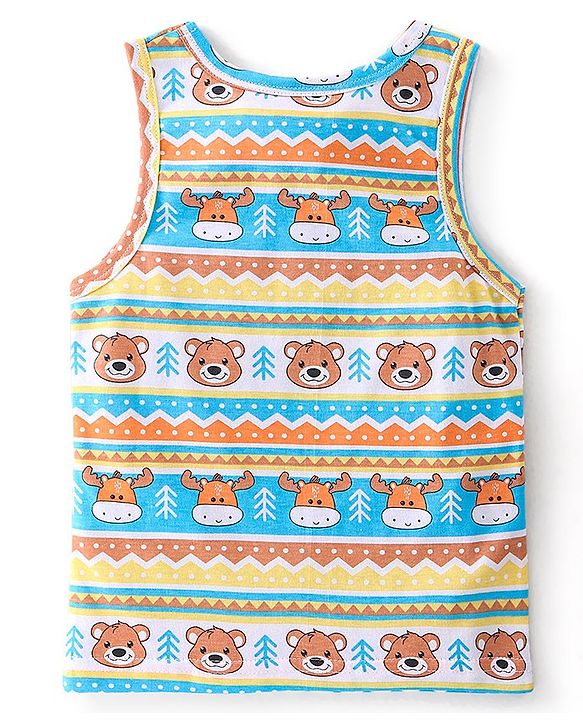Babyhug 100 % Cotton Sando Teddy Print Pack of 3 - Blue & Orange