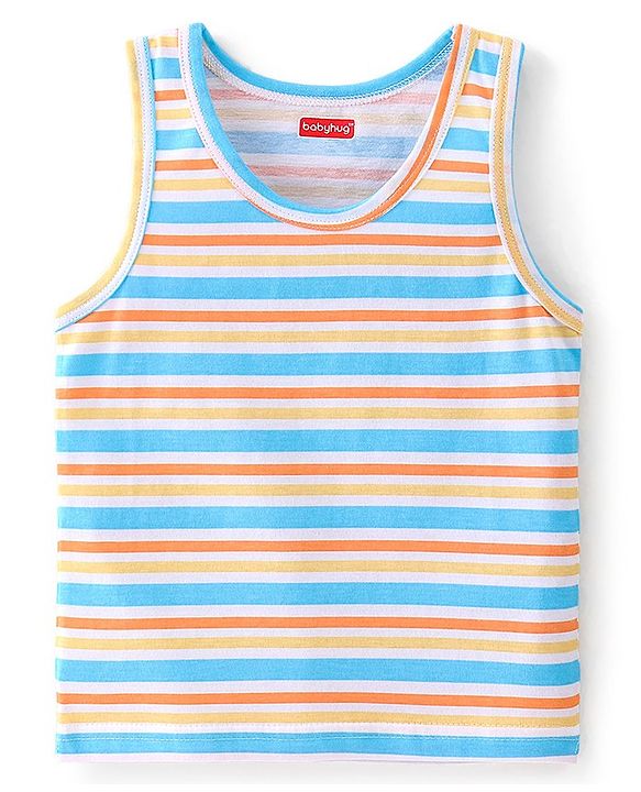 Babyhug 100 % Cotton Sando Teddy Print Pack of 3 - Blue & Orange