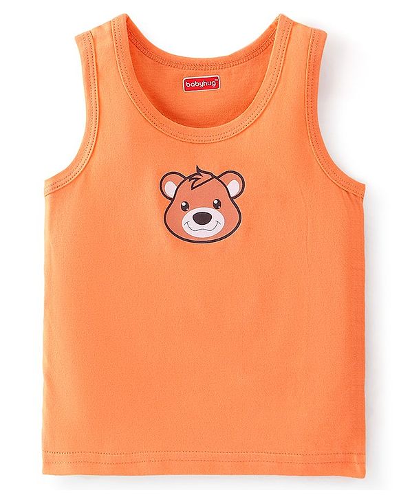 Babyhug 100 % Cotton Sando Teddy Print Pack of 3 - Blue & Orange