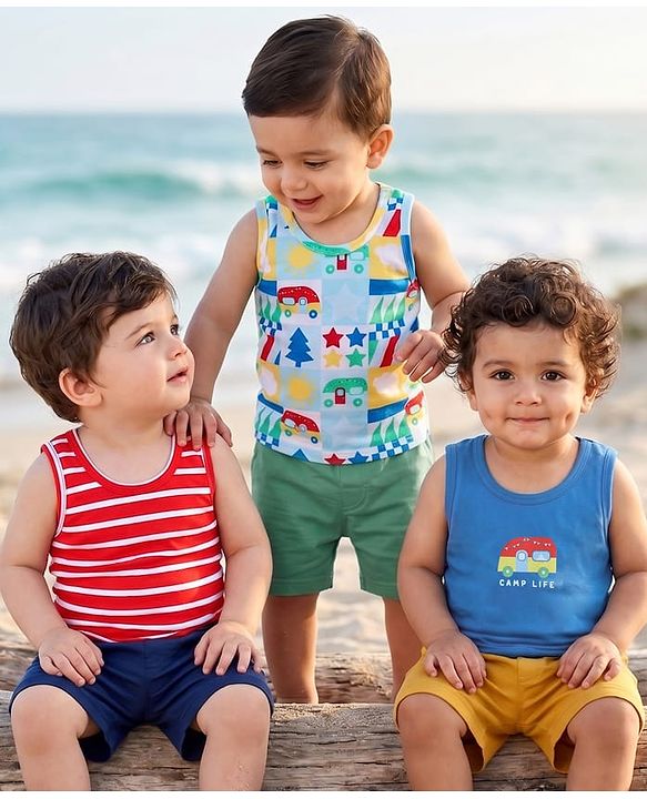 Babyhug 100% Cotton Knit Sleeveless Sando Stripes & Car Print Pack of 3 - Red & Blue