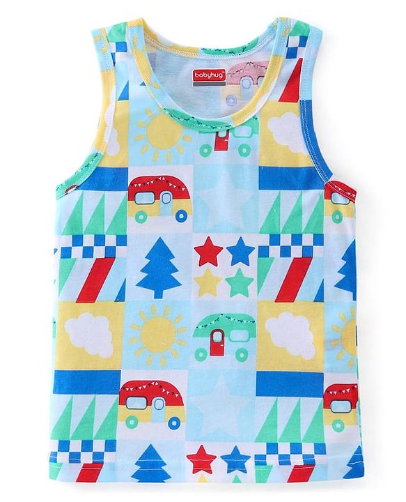 Babyhug 100% Cotton Knit Sleeveless Sando Stripes & Car Print Pack of 3 - Red & Blue