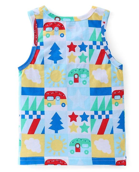 Babyhug 100% Cotton Knit Sleeveless Sando Stripes & Car Print Pack of 3 - Red & Blue