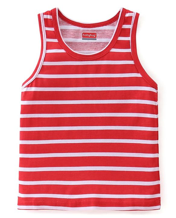 Babyhug 100% Cotton Knit Sleeveless Sando Stripes & Car Print Pack of 3 - Red & Blue