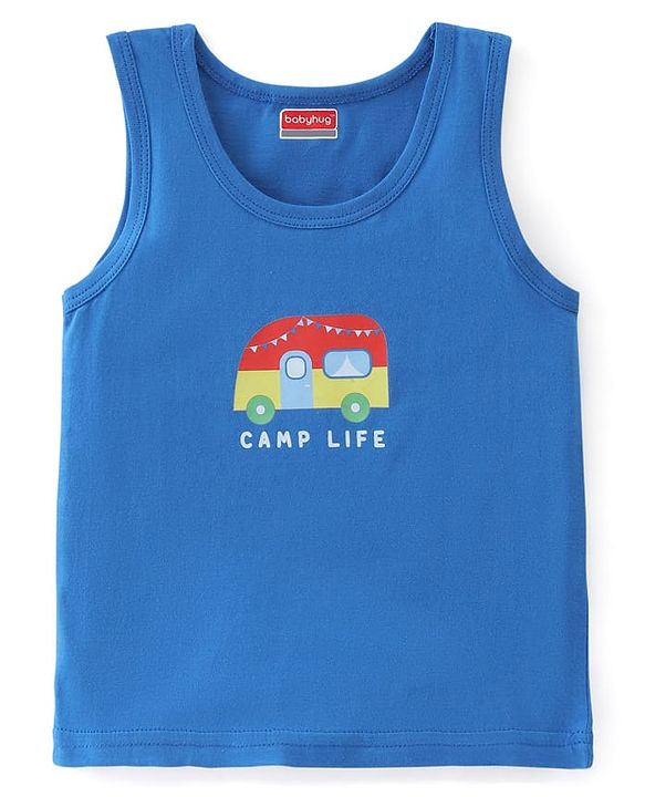 Babyhug 100% Cotton Knit Sleeveless Sando Stripes & Car Print Pack of 3 - Red & Blue