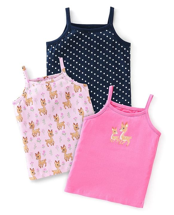Babyhug 100% Cotton Slips With Deer Print Pack Of 3 - Pink & Navy Blue