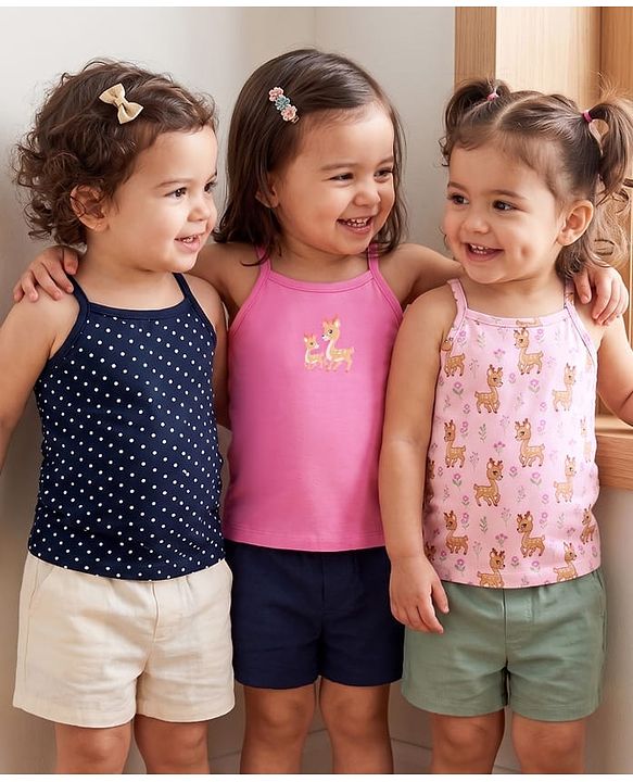 Babyhug 100% Cotton Slips With Deer Print Pack Of 3 - Pink & Navy Blue