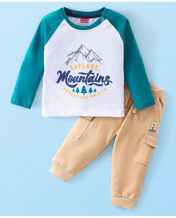 Babyhug 100% Cotton Knit Raglan Sleeves With T-Shirt & Lounge Pants Text Print - Green & Blue