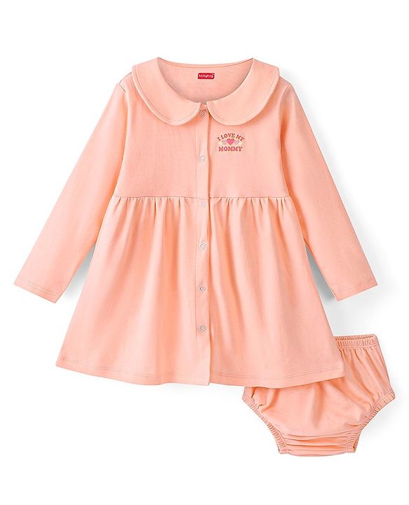 Babyhug Cotton Knit Full Sleeves Text Printed Frock with Bloomer - Peach