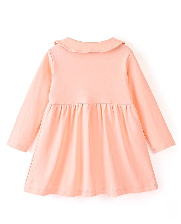 Babyhug Cotton Knit Full Sleeves Text Printed Frock with Bloomer - Peach