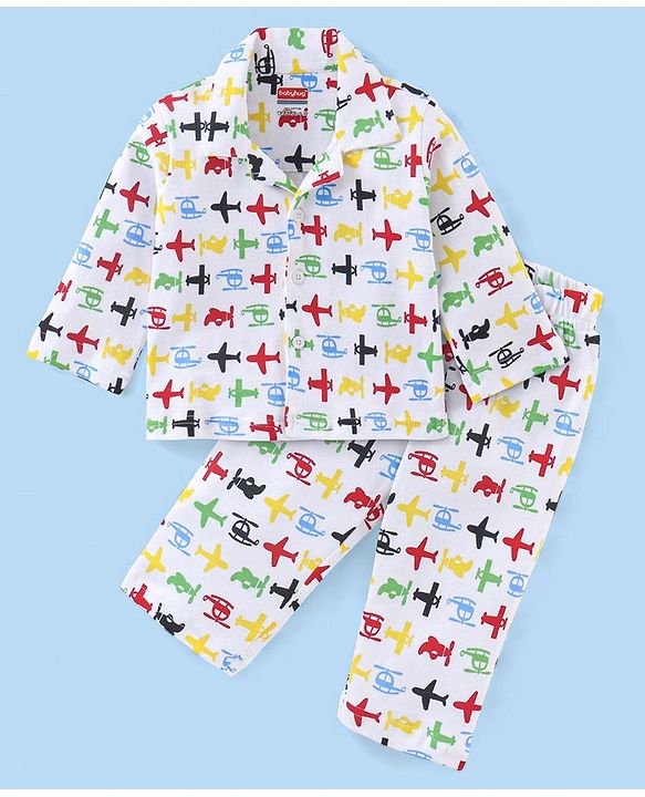 Babyhug Cotton Knit Full Sleeves Night Suit with Air Planes Print - White