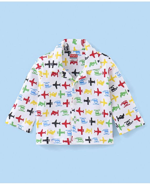 Babyhug Cotton Knit Full Sleeves Night Suit with Air Planes Print - White