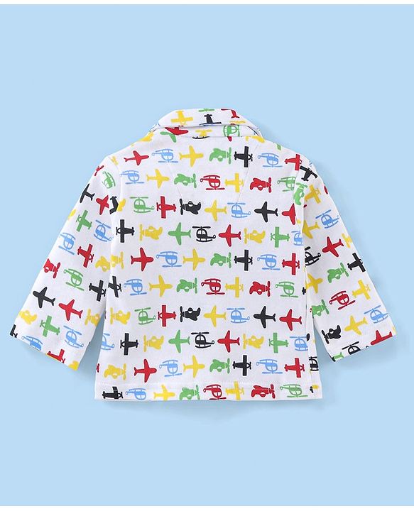 Babyhug Cotton Knit Full Sleeves Night Suit with Air Planes Print - White