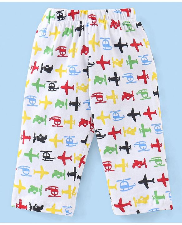 Babyhug Cotton Knit Full Sleeves Night Suit with Air Planes Print - White