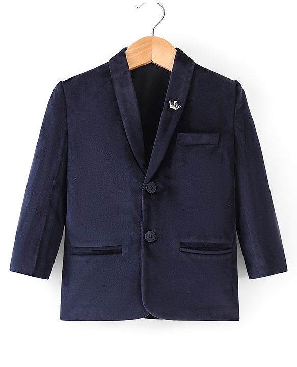 Babyhug Full Sleeves Velvet Party Wear Blazer Solid Colour - Navy Blue