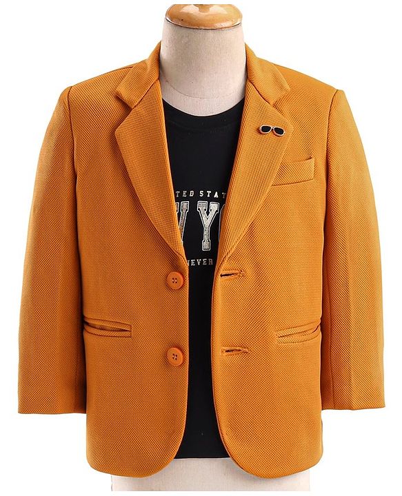 Babyhug Full Sleeves Solid Colour Party Wear Blazer with Graphic Printed T-Shirt - Mustard & Black